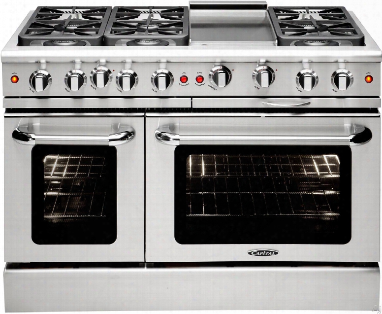 Capital Precision Series Mcr486gl 48 Inch Freestanding Gas Range With 6 Sealed Burners, Infrared Broil Burner, 12" Thermo Griddle, Interior Oven Light, Ez-glide Drip Tray, Continuous Grates, 4.9 Cu. Ft. Primary Oven And 2.7 Cu. Ft. Secondary Oven: Li