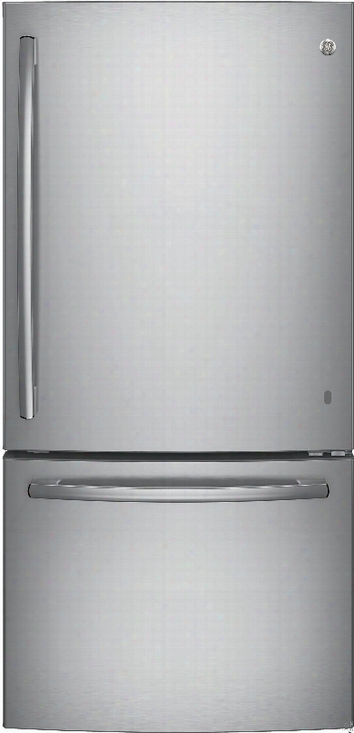 Ge Gde25e 33 Inch Bottom Mount Refrigerator With 24.9 Cu. Ft. Capacity, 2 Full=width Adjustable Glass Shelves, Gallon Storage, Sliding Snack Drawer, 2 Humidity Controlled Crispers, Factory Installed Ice Maker And Energy Star Qualified
