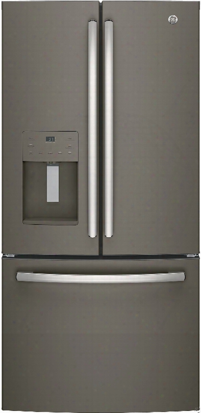 Ge Gfe24jmkes 33 Inch French Door Refrigerator With Turbo Cool, Tall External Dispenser, Quick Space Shelf, Led Lighting, Water Filtration, Ada Compliant, Energy Star Rated And 23.8 Cu. Ft. Capacity: Slate