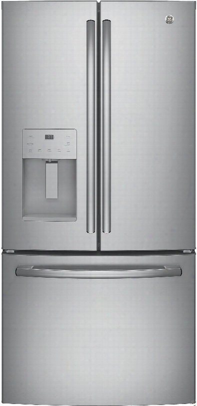 Ge Gfe24jskss 33 Inch French Door Refrigerator With Turbo Cool, Tall External Dispenser, Quick Space Shelf, Led Lighting, Water Filtration, Ada Compliant, En Ergy Star Rated And 23.8 Cu. Ft. Capacity: Stainless Steel