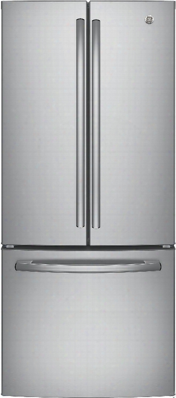 Ge Gne21f 30 Inch French Door Refrigerator With Led Lighting, Icemaker, Digital Temperature Controls, Door Alarm, 2 Freezer Drawers, 20.8 Cu. Ft. Capacity, Energy Star Rated And Freestanding