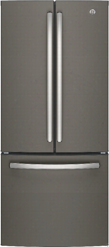 Ge Gne21fmkes 30 Inch French Door Refrigerator With Led Lighting, Icemaker, Digital Temperature Controls, Door Alarm, 2 Freezer Drawers, 20.8 Cu. Ft. Capacity, Energy Star Rated And Freestanding: Slate