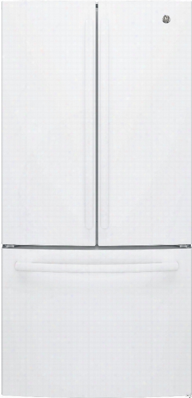 Ge Gne25jgkww 33 Inch French Door Refrigerator With Internal Water Dispenser, Icemaker, Quick Space Shelf, Temperature Drawer, Humidity Controlled Drawers, Led Lighting, Energy Star And Freestanding: White