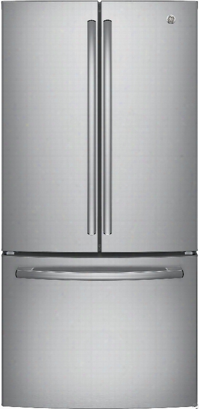 Ge Gne25jskss 33 Inch French Door Refrigerator With Internal Water Dispenser, Icemaker, Quick Space Shelf, Temperature Drawer, Humidity Controlled Drawers, Led Lighting, Energy Star And Freestanding: Stainless Steel