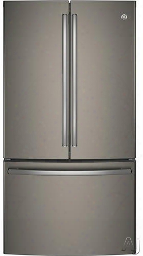 Ge Gne29gmkes 36 Inch French Door Refrigerator With Twinchill, Showcase Led, Ice Maker, Filtration System, Temperature Display, 28 Cu. Ft. Capacity, Sabbath Mode And Energy Star Rated: Slate