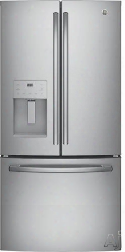 Ge Gye18jslss 33 Inch Counter Depht French Door Refrigerator With Led Lighting, Ice Dispenser, Humidity Controlled Drawers, Turbo Cool Setting, Quick Space Shelf, External Temperature Controls, Ada Compliant, Energy Star And 17.5 Cu. Ft Capacity: Stai