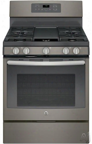 Ge Jgb700eejes 30 Inch Freestanding Gas Range With Edge-to-edge Cooktop, Gas Convection, Extra-large Griddle, Center Oval Burner, Steam Self-clean, 5 Sealed Burners, 5.0 Cu. Ft. Oven, Power Boil Burner And Star-k Certified: Slate