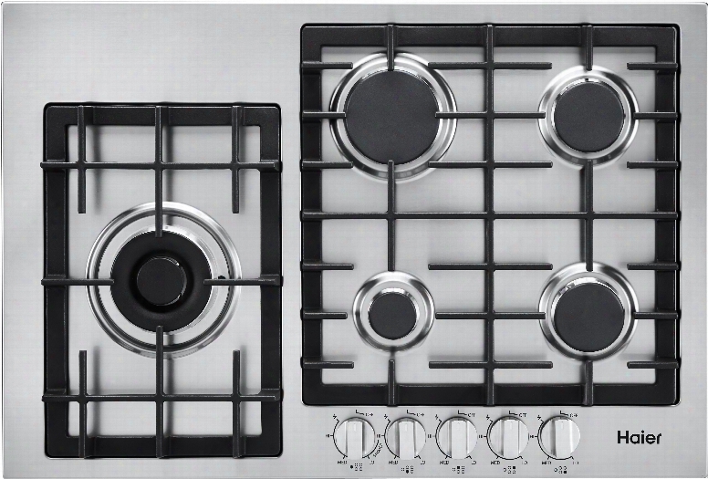 Haier Hcc3430ags 30 Inch Gas Cooktop With 5 Sealed Burners, 700-18,000 Btu Dual Burner, Heavy Duty Cast Iron Grates, Electronic Flame Ignition And Re-ignition, Lp Convertible And Heavy Duty Metal Control Knobs