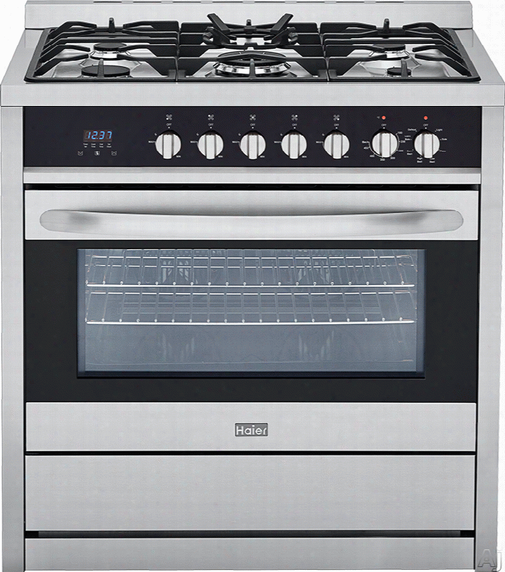 Haier Hcr6250ags 36 Inch Gas Range With 3.8 Cu. Ft. Capacity, 5 Sealed Burners, Triple Ring Burner, Convection, Wok Ring, Broil Pan Set Included, Digital Clock, Timer And Continuous Cast Iron Grates