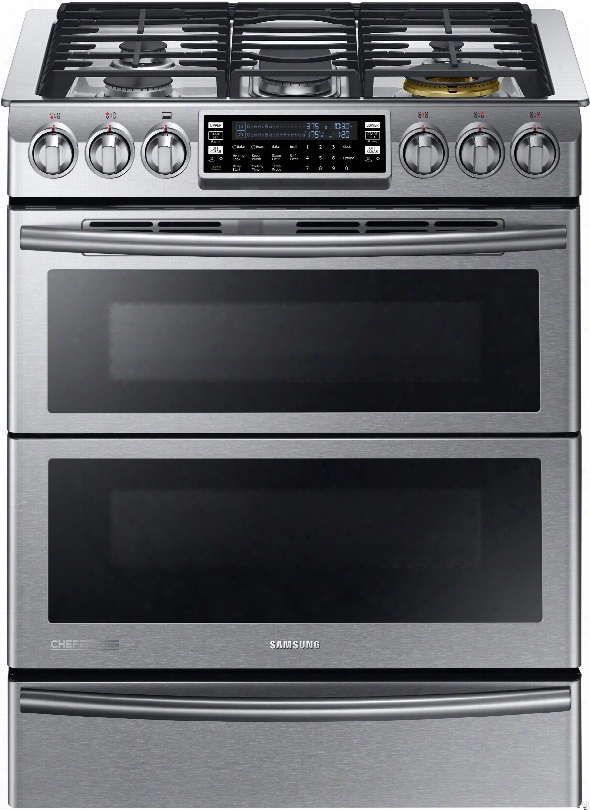 Samsung Chef Collection Ny58j9850ws 30 Inch Slide-in Dual Fuel Range With 5 Sealed Burners, 5.8 Cu. Ft. Flex Duo True Convection Oven, 22,000-btu True Dual Brass Burner, Dual Oven Door, Star-k Certified Sabbath Mode, Warming Drawer And Steamquick Self-cle