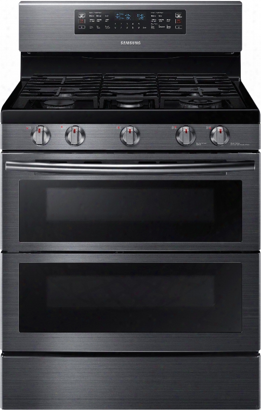 Samsung Nx58k7850s 30 Inch Flex Duo Gas Range With Dual Doors, 5.8 Cu. Ft. Oven Capacity, 5 Sealed Burners, 18,000 Btu Double Stacked Burner, Griddle, Wok Grate, Soft Close Door, Wi-fi Connectivity, Storage Drawer, Self-clean And Sabbath Mode