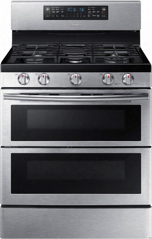 Samsung Nx58k7850ss 30 Inch Flex Duo Gas Range With Dual D Oors, 5.8 Cu. Ft. Oven Capacity, 5 Sealed Burners, 18,000 Btu Double Stacked Burner, Griddle, Wok Grate, Soft Close Door, Wi-fi  Connectivity, Storage Drawer, Self-clean And Sabbath Mode: Stainless 