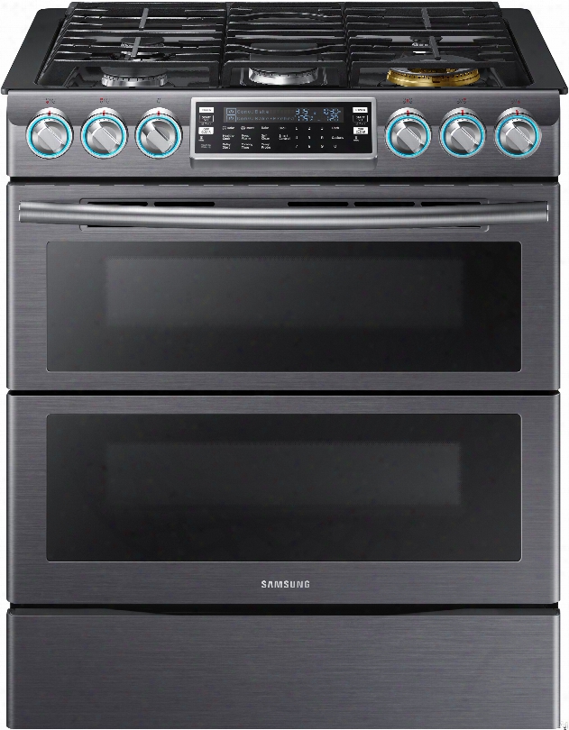 Samsung Nx58k9850 30 Inch Flex Duo␞ Slide-in Gas Range With Dual Convection, Wi-fi Connectivity, Soft Close Door, 5.8 Cu. Ft. Oven, 5 Sealled Burners, 22,000 Btu Power Burner, Blue Led Knobs, Storage Drawer And Self-cleaning Mode
