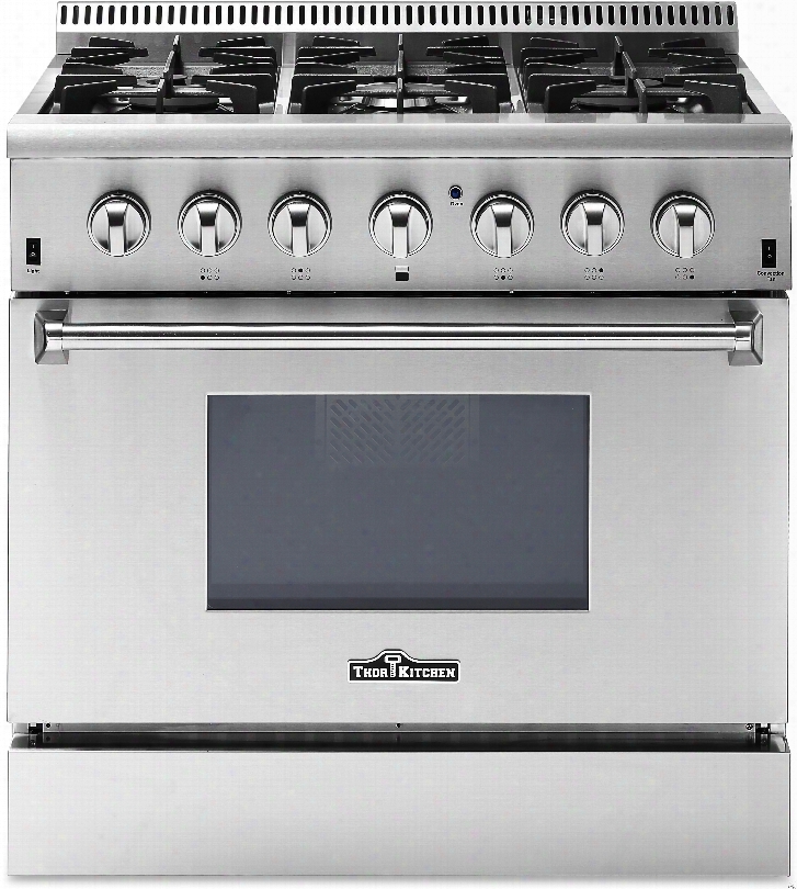 Thor Kitchen Hrd3606u 36 Inch Freestanding Dual Fuel Range With Convection, Dual Burners, Continuous Grates, 6 Sealed Burners, Automatic Re-ignition, Porcelain Drip Pan And 5.2 Cu. Ft. Capacity