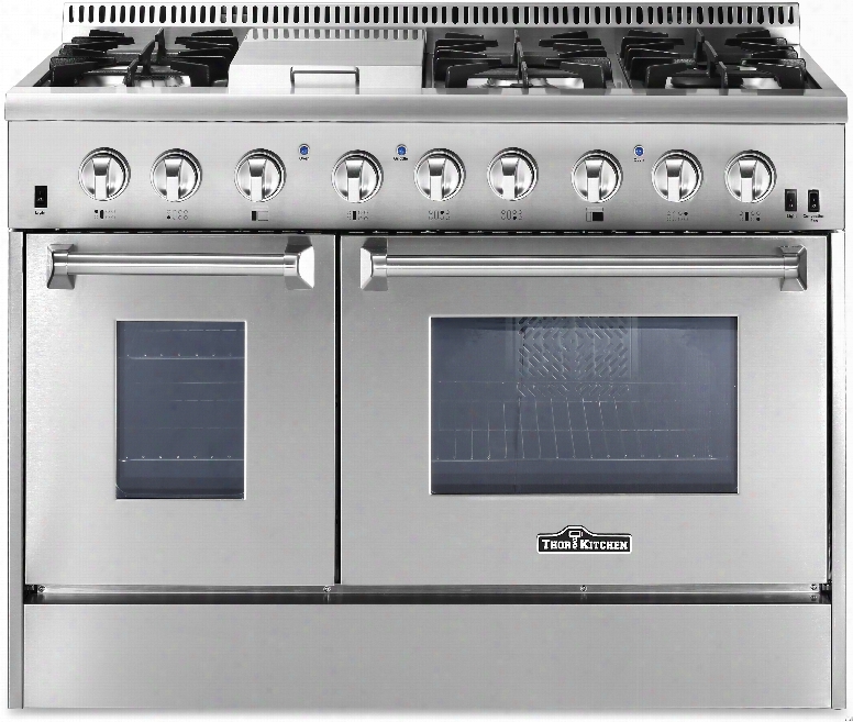 Thor Kitchen Hrd4803u 48 Inch Freestanding Dual Fuel Range With Convection, Griddle, Dual Burners, 6 Sealed Burners, Automatic Re-ignition, Continuous Grates, 2 Ovens And 6.7 Total Cu. Ft. Capacity