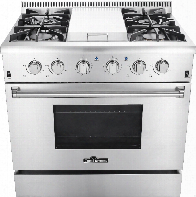 Thor Kitchen Hrg3617u 36 Inch Freestanding Gas Range With Convection, Griddle, Infrared Broil Burner, Dual Burner, 4 Sealed Burners, Continuous Grates, Automatic Re-ignition, Porcelain Drip Pan 5.2 Cu. Ft. Capacity And Blue Porcelain Interior
