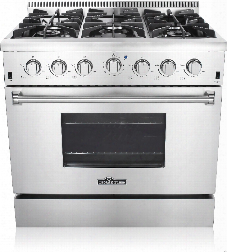 Thor Kitchen Hrg3618u 36 Inch Feestanding Gas Range With Convection, Infrared Broil Burner, Dual Burners, Continuous Grates, 6 Sealed Burners, Automatic Re-ignition, Porcelain Drip Pan, 5.2 Cu. Ft. Capacity And Blue Porcelain Interior