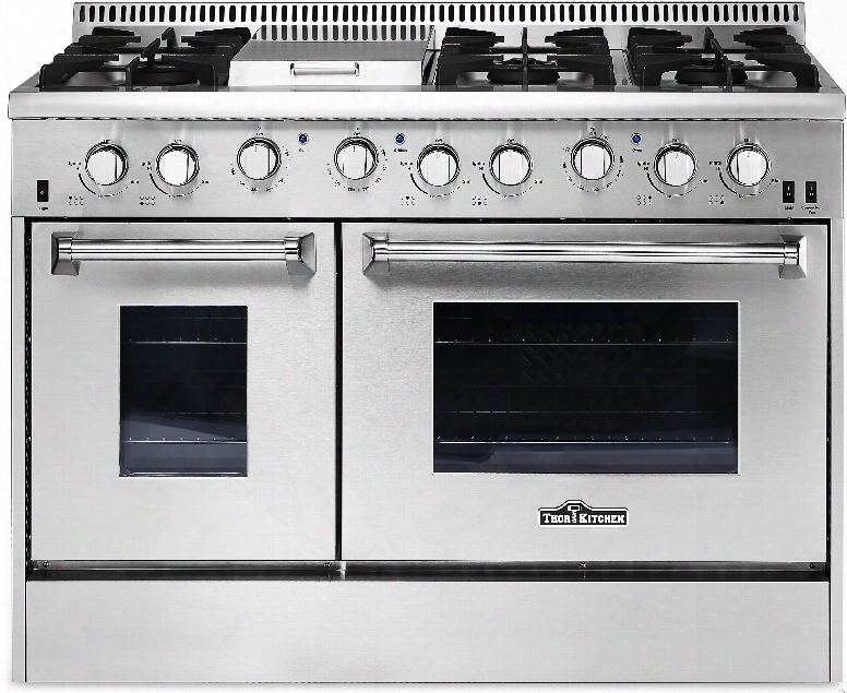 Thor Kitchen Hrg4808u 48 Inch Freestanding Gas Range With Convection, Griddle, Infrared Broil Burner, 6 Sealed Burners, Dual Burners, Automatic Re-ignition, Continuous Grates, 2 Ovens, 6.7 Total Cu. Ft. Capacity And Blue Porcelain Interior