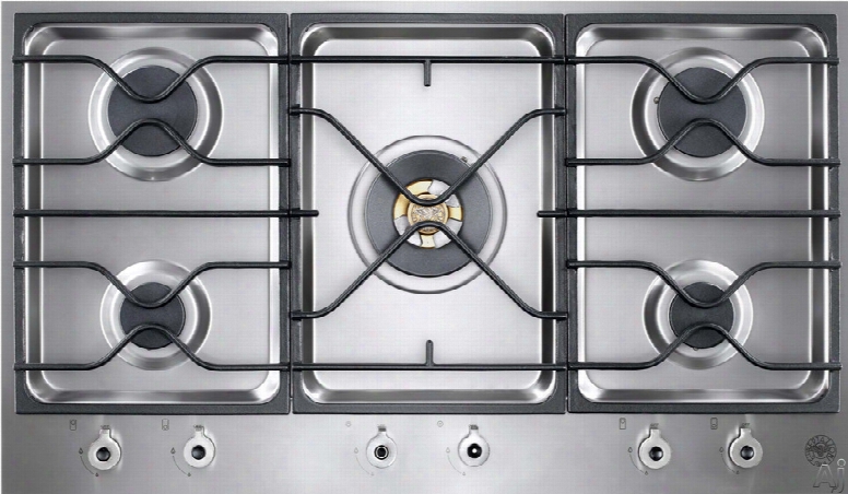 Bertazzoni Design Series Pm36500 36 Inch Segmented Gas Cooktop With 5 Sealed Burners, 18,000 Btu Brass Power Burner, Continuous Grates And Electronic Ignition