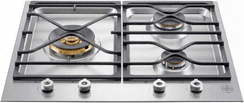 Bertazzoni Professional Series Pmb24300 24 Inch Gas Cooktop With 3 Sealed Brass Burners, 18,000 Btu Power Burner, Cast Iron Continuous Grates, One Hand Ignition And Front-mounted Solid Metal Knobs