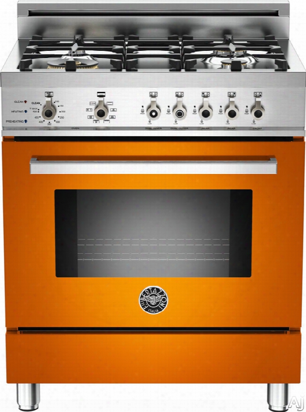 Bertazzoni Professional Series Pro304dfsar 30 Inch Pro-style Dual Fuel Range With 4 Sealed Brass Burners, 3.4 Cu. Ft. Convection Oven, Self-clean, Infrared Broiler And Tel Escopic Glide Shelf: Orange, Natural Gas