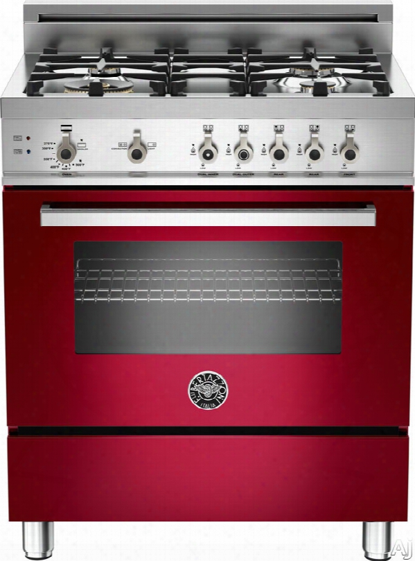 Bertazzoni Professional Series Pro304gasvi 30 Inch Pro-style Gas Range With 3.6 Cu. Ft. Convection Oven, 4 Sealed Brass Burners, Rapid Burner, Defrost, Dehydrate Broiler, Continous Grates, Storage Compartment And Telescopic Glide Shelf: Red Wine, Natural 