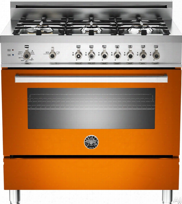 Bertazzoni Professional Series Pro366ddfsar 36 Inch Pro-style Dual Fuel Range With 6 Sealed Brass Burners, 4.0 Cu. Ft. Convection Oven, Self-clean, Infrared Broiler And Telescopic Glide Shelf: Orange, Natural Gas