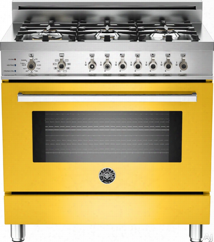 Bertazzoni Professional Series Pro366dfsgi 36 Inch Pro-style Dual Fuel Range With 6 Sealed Brass Burners, 4.0 Cu. Ft. Convection Oven, Self-clean, Infrared Broiler And Telescopic Glide Shelf: Yellow, Natural Gas