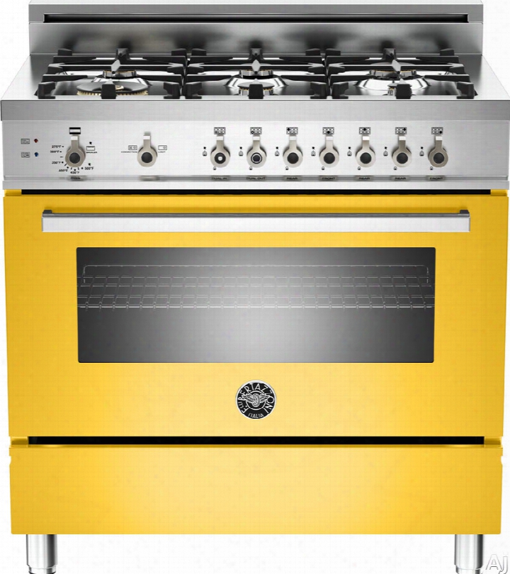 Bertazzoni Professional Series Pro366gasgi 36 Inch Pro-style Gas Range With 4.4 Cu. Ft.convection Oven, 6 Sealed Brass Burners, Broiler, Defrost, Dehydrate, Telescopic Glide Shelf And Storage Compartment: Yellow, Natural Gas