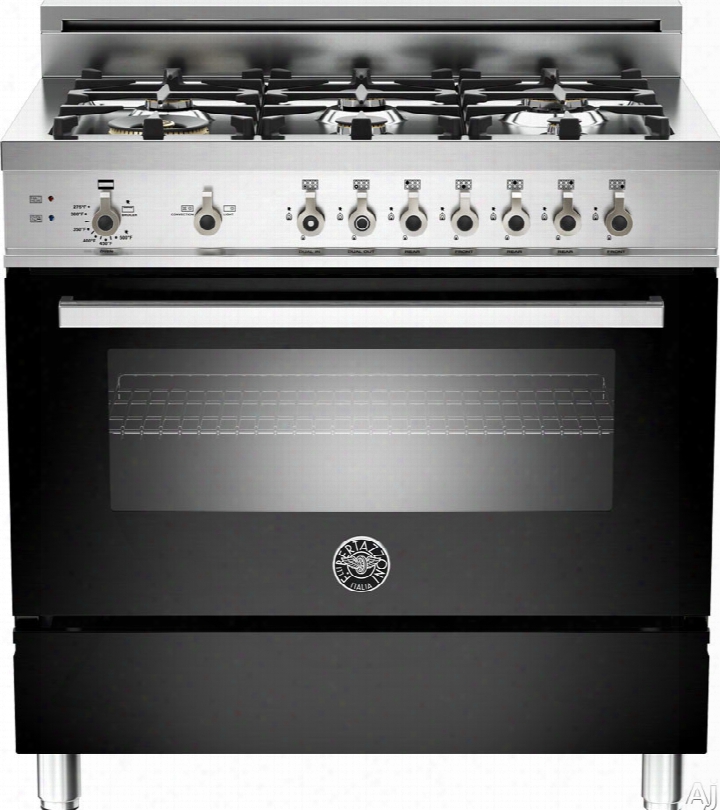 Bertazzoni Professional Series Pro366gasne 36 Inch Pro-style Gas Range With 4.4 Cu. Ft. Convection Oven, 6 Sealed Brass Burners, Broiler, Defrost,, Dehydrate, Tleescopic Glide Shelf And Storage Compartment: Black, Natural Gas