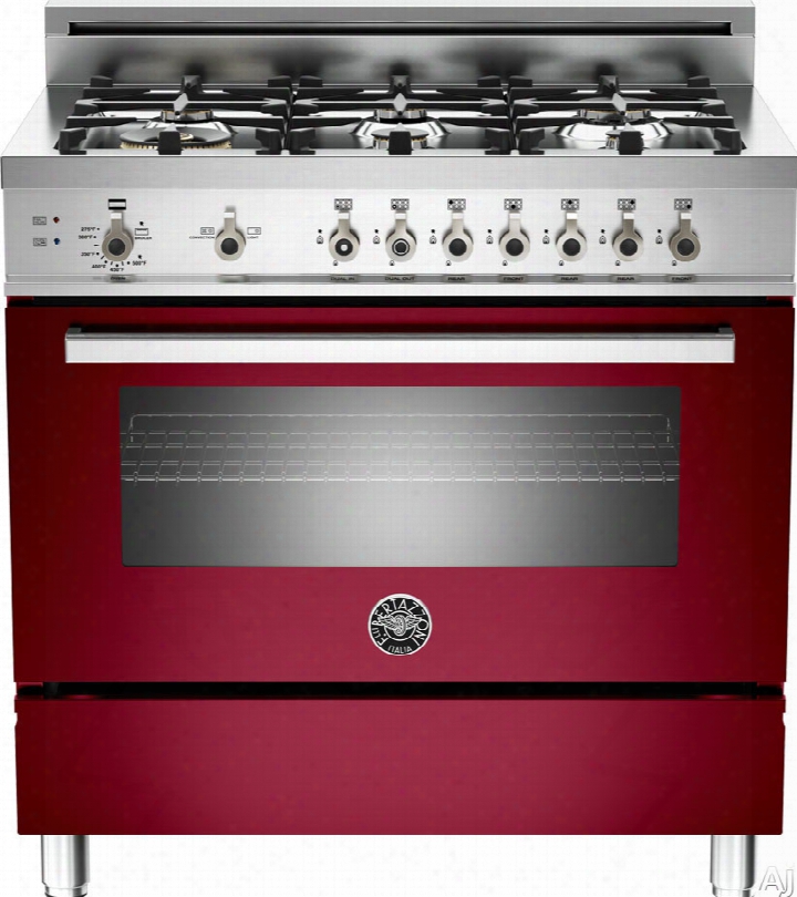 Bertazzoni Professional Series Pro366gasvi 36 Inch Pro-style Gas Range With 4.4 Cu. Ft. Convection Oven, 6 Sealed Brass Burners, Broiler, Defrost, Dehydrate, Telescopic Glide Shelf And Storage Compartment: Red Wine, Natural Gas