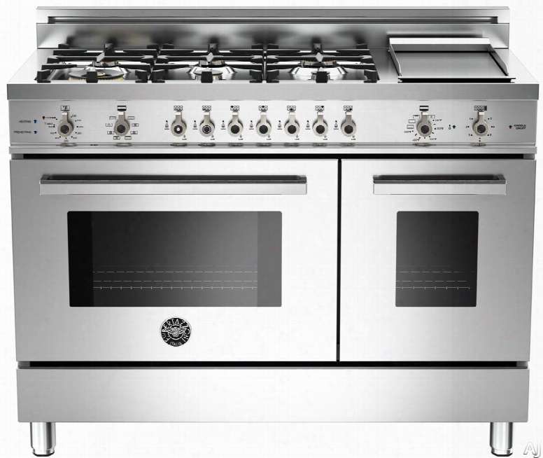 Bertazzoni Professional Series Pro486gdfs 48 Inch Pro-style Dual Fuel Range With 6 Sealed Brass Burners, 3.4 Cu. Ft. Main Convection Oven, Self-clean, Electric Griddle And Telescopic Glide Shelf