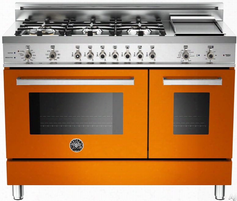 Bertazzoni Professional Series Pro486gdfsar 48 Inch Pro-style Dual Fuel Lie With 6 Sealed Brass Burners, 3.4 Cu. Ft. Main Convection Oven, Self-clean, Electric Griddle And Telescopic Glide Shelf: Orange, Natural Gas