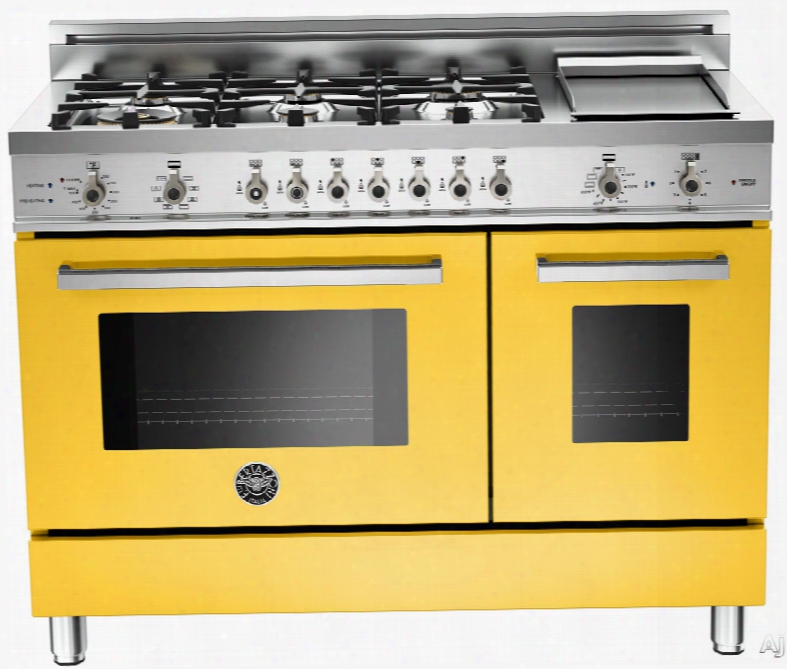 Bertazzoni Professional Series Pro486gdfsgi 48 Inch Pro-style Dual Ufel Range With 6 Sealed Brass Burners, 3.4 Cu. Ft. Main Convection Oven, Self-clean, Electric Griddle And Telescopic Glide Shelf: Yellow, Natural Gas