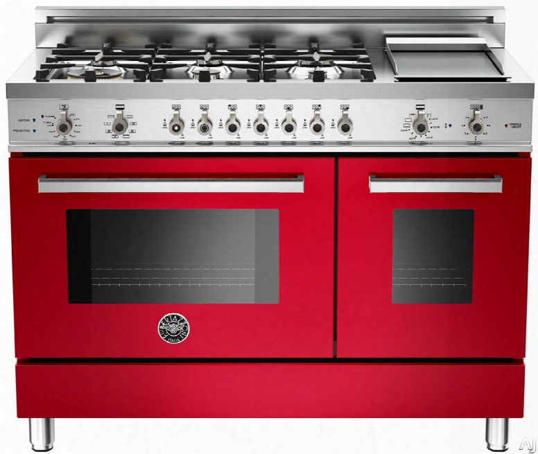 Bertazzoni Professional Series Pro486gdfsro 48 Inch Pro-style Dual Fuel Range With 6 Sealed Brass Burners, 3.4 Cu. Ft. Main Convection Oven, Self-clean, Electric Griddle And Telescopic Glide Shelf: Red, Natural Gas