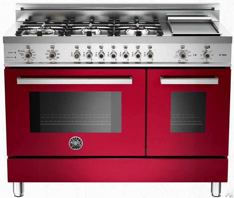 Bertazzoni Professional Series Pro486gdfsvi 48 Inch Pro-style Dual Fuel Range Through  6 Sealed Brass Burners, 3.4 Cu. Ft. Main Convectino Oven, Self-clean, Electric Griddle And Telescopic Glide Shelf: Red Wine, Natural Gas