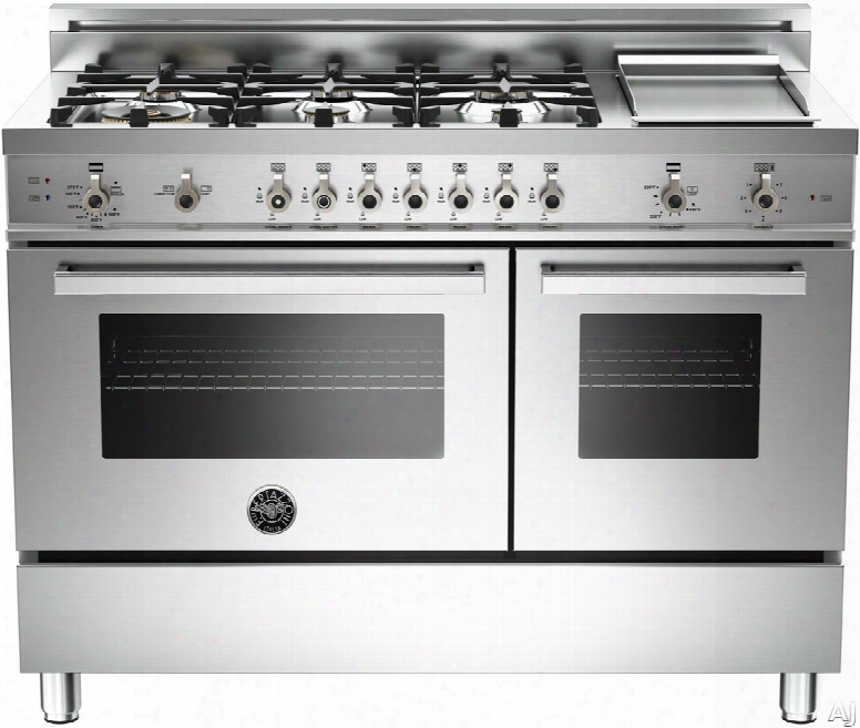 Bertazzoni Professional Series Pro486ggas 48 Inch Pro-style Gas Range With 6 Sealed Brass Burners, 3.6 Cu. Ft. Main Convection Oven, Manual Clean, Electric Griddle And Storage Compartment