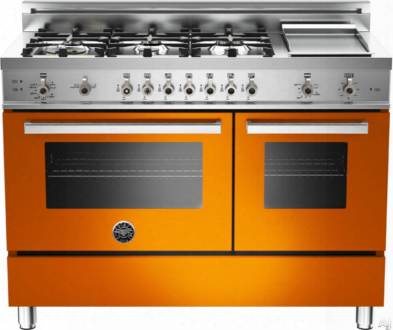 Bertazzoni Professional Series Pro486ggasar 48 Inch Pro-style Gas Range With 6 Sealed Brass Burners, 3.6 Cu. Ft. Main Convection Oven, Manual Clean, Electric Griddle And Storage Compartment: Orange, Natural Gas