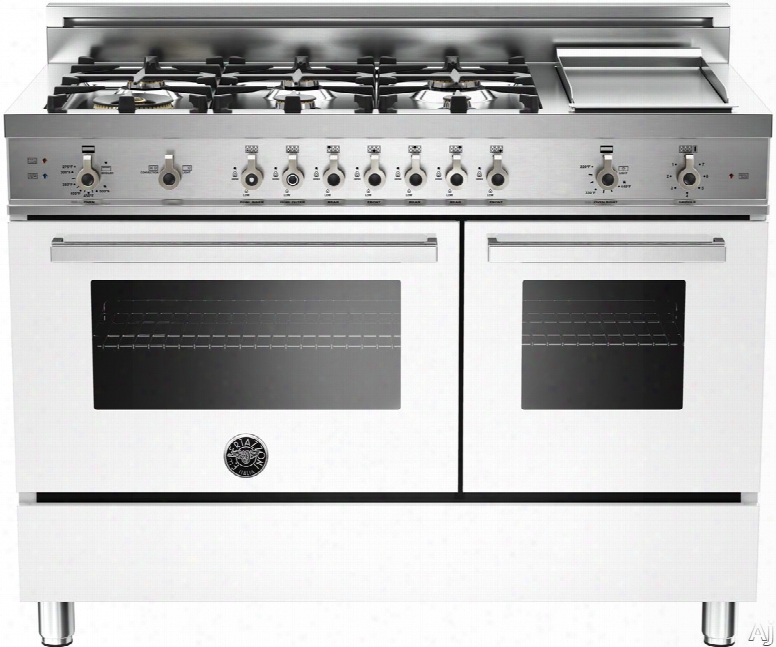 Bertazzoni Professional Series Pro486ggasbi 48 Inch Pro-style Gas Range With 6 Sealed Brass Burners, 3.6 Cu. Ft. Main Convection Oven, Manual Clean, Electric Griddle And Storage Compartment: White, N Atural Gas