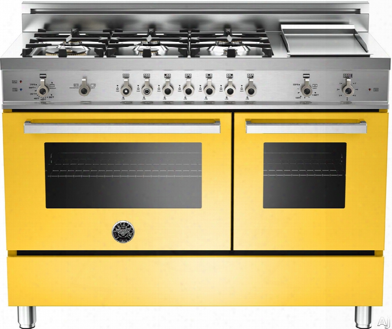 Bertazzoni Professional Series Pro486ggasgilp 48 Inch Pro-style Gas Range With 6 Sealed Brass Burners, 3.6 Cu. Ft. Main Convection Oven, Manual Clean, Electric Griddle And Storage Compartment: Yellow, Liquid Proppane