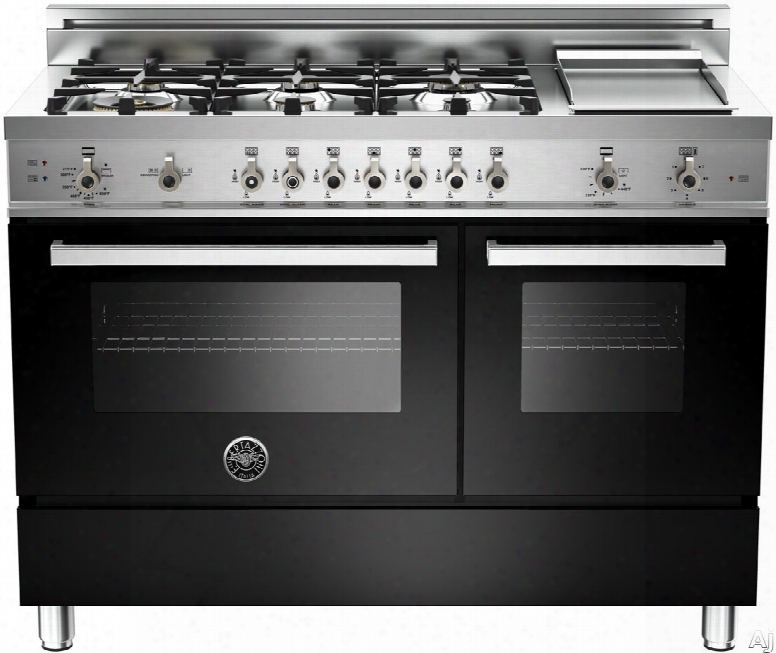 Bertazzoni Professional Series Pro486ggasne 48 Inch Pro-style Gas Range With 6 Sealed Brass Burners, 3.6 Cu. Ft. Main Convection Oven, Manual Clean, Electric Griddle And Storage Compartment: Black, Natural Gas