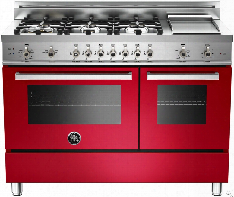 Bertazzoni Professional Series Pro486ggasro 48 Inch Pro-style Gas Range With 6 Sealed Brass Burners, 3.6 Cu. Ft. Main Convection Oven, Manual Clean, Electric Griddle And Storage Compartment: Red, Natural Gas
