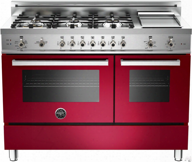 Bertazzoni Professional Series Pro486ggasvi 48 Inch Pro-style Gas Range With 6 Sealed Brass Burners, 3.6 Cu. Ft. Main Convection Oven,  Manual Clean, Electric Griddle And Storage Compartment: Red Wine, Natural Gas