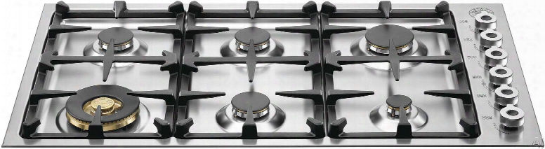 Bertazzoni Professional Series Qb36600 36 Inch Gas Cooktop With 6 Sealed Burners, 18,000 Btu Brass Power Burner, Continuous Grates, Electronic Ignition And Low Profile Borders