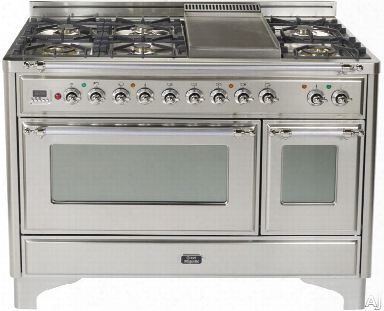 Ilve Majestic Collection Um120fdmp 48 Inch Freestanding Dual-fuel Range With 6 Sealed Burners, 4.9 Cu. Ft. Capacity, Integrated Griddle, Dual Ovens, True European Convection, 15,500 Btu Triple-ring Burner And 2 Rotisseries