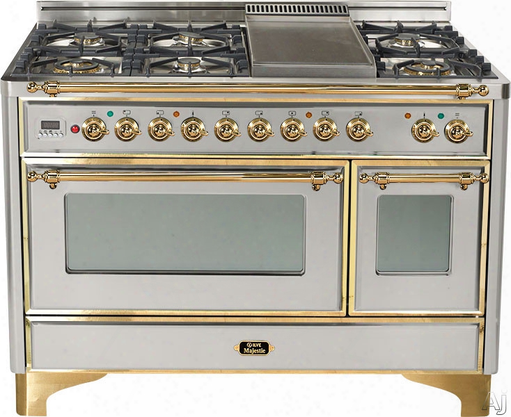 Ilve Majestic Collection Um120sdmp 48 Inch Freestanding Dual-fuel Range With 5 Sealed Burners, 4.9 Cu. Ft. Capacity, French Cooktop, Dual Ovens, True European Convection, 15,500 Btu Triple-ring Burner And 2 Rotisseries