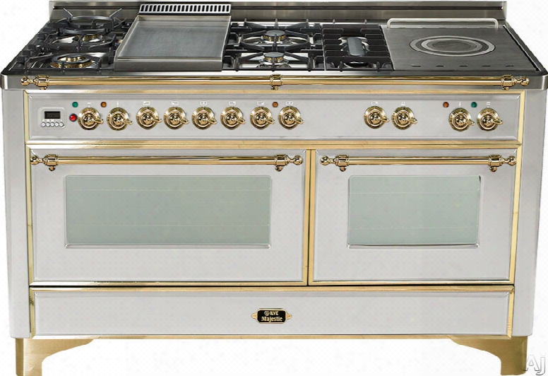 Ilve Majestic Collection Um150fsdmp 60 Inch Freestanding Dual-fuel Range With 5 Sealed Burners, 5.9 Cu. Ft. Capacity, French Cooktop, Integrated Griddle, 15,,500 Btu Triple Ring Burners, Dual Convection Ovens And Rotisserie