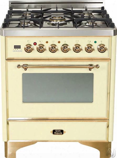 Ilve Majestic Collection Um76dmpa 30 Inch Freestanding Dual Fuel Range With 5 Semi-sealed Burners, 3.0 Cu. Ft. Oven Capacity, Proof Mode, Heat Insulated Door, Defrost Function, Warming Drawer And Rotisserie: Antique White, Brass Trim