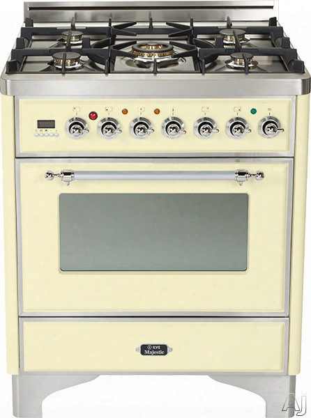 Ilve Majestic Collection Um76dmpax 30 Inch Freestanding Dual Fuel Range With 5 Semi-sealed Burners, 3.0 Cu. Ft. Oven Capacity, Proof Mode, Heat Insulated Door, Defrost Function, Warming Drawer And Rotisserie: Antique White, Chrome Trim