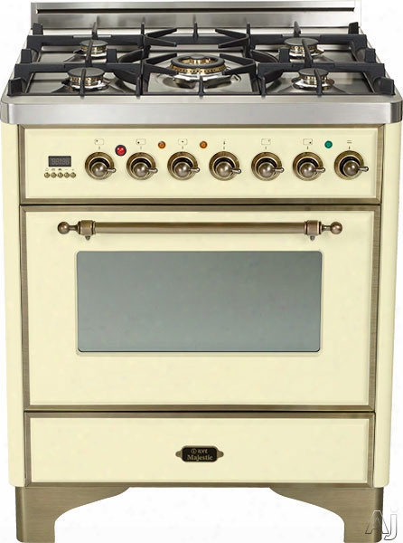 Ilve Majestic Collection Um76dmpay 30 Inch Freestanding Dual Fuel Range With 5 Semi-sealed Burners, 3.0 Cu. Ft. Oven C Apacity, Proof Mode, Heat Insulated Door, Defrost Function, Warming Drawer And Rotisserie: Antique White, Oil Rubbed Bronze